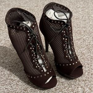 Elegant Brown Mesh Lace-Up Heels